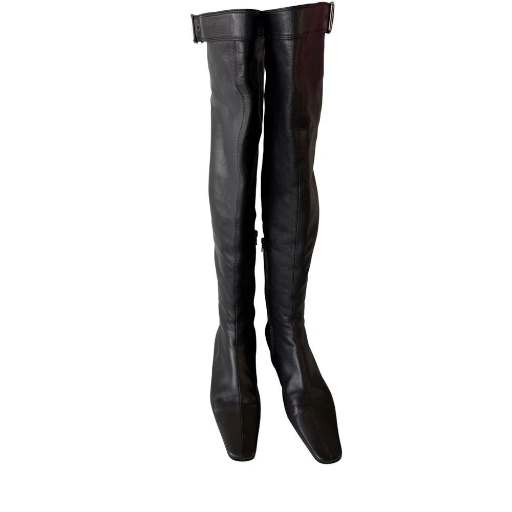 Gucci Black Leather Over The‎ Knee Boots Square Toe Buckle Low Heel 37 C Italy